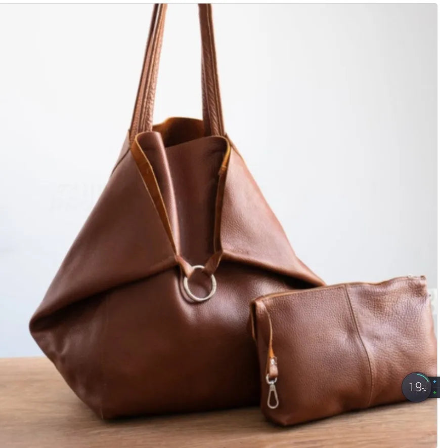 Lue™ | Elegante braune Ledertasche in Übergröße mit passender Tasche