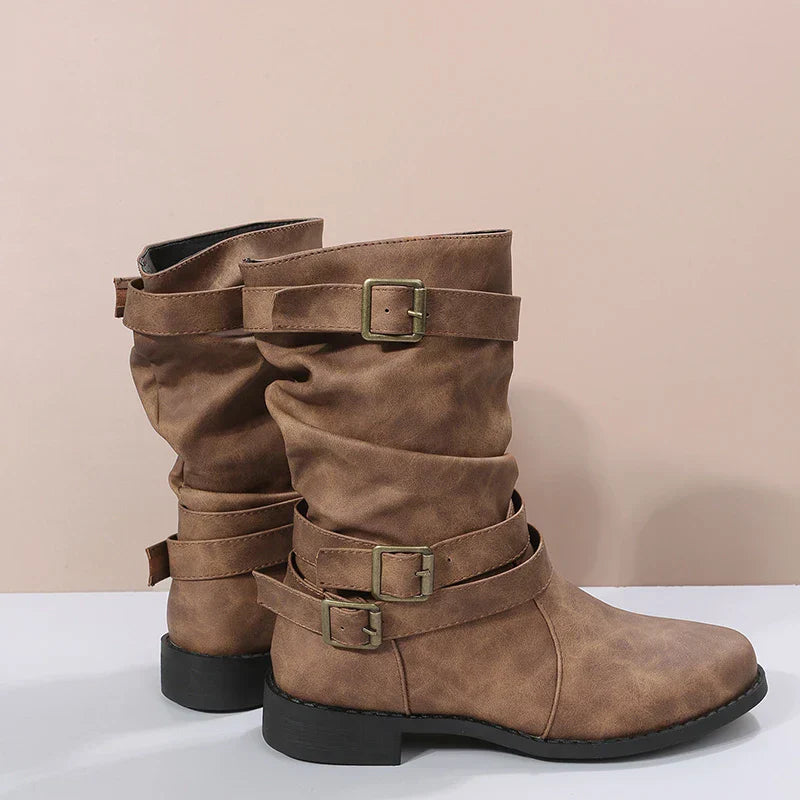 ASHLEY | Damen Kurze Cowboy Stiefel mit Gürtelschnalle