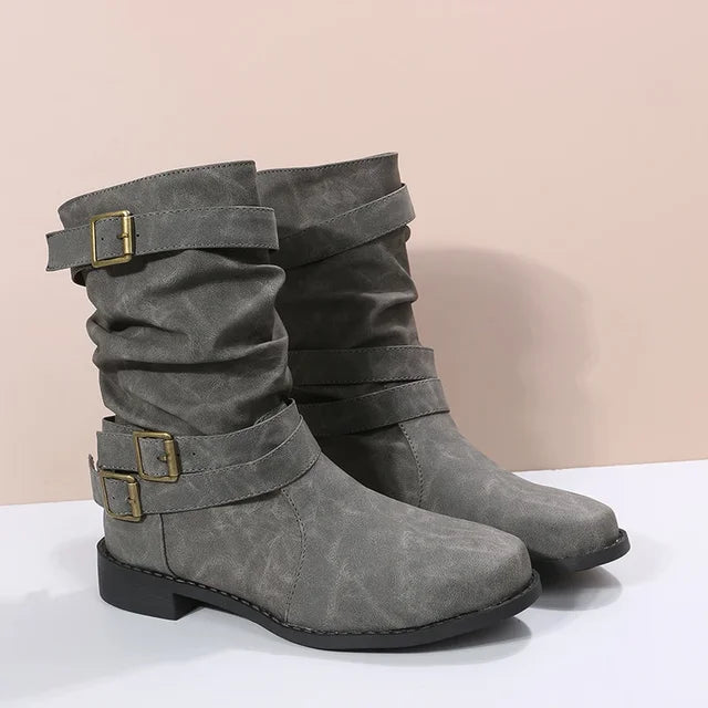 ASHLEY | Damen Kurze Cowboy Stiefel mit Gürtelschnalle